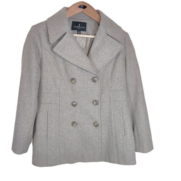 London Fog Wool Pea Coat Double Breast Notch Collar Sz L in Oatmeal Tan - Picture 15 of 15